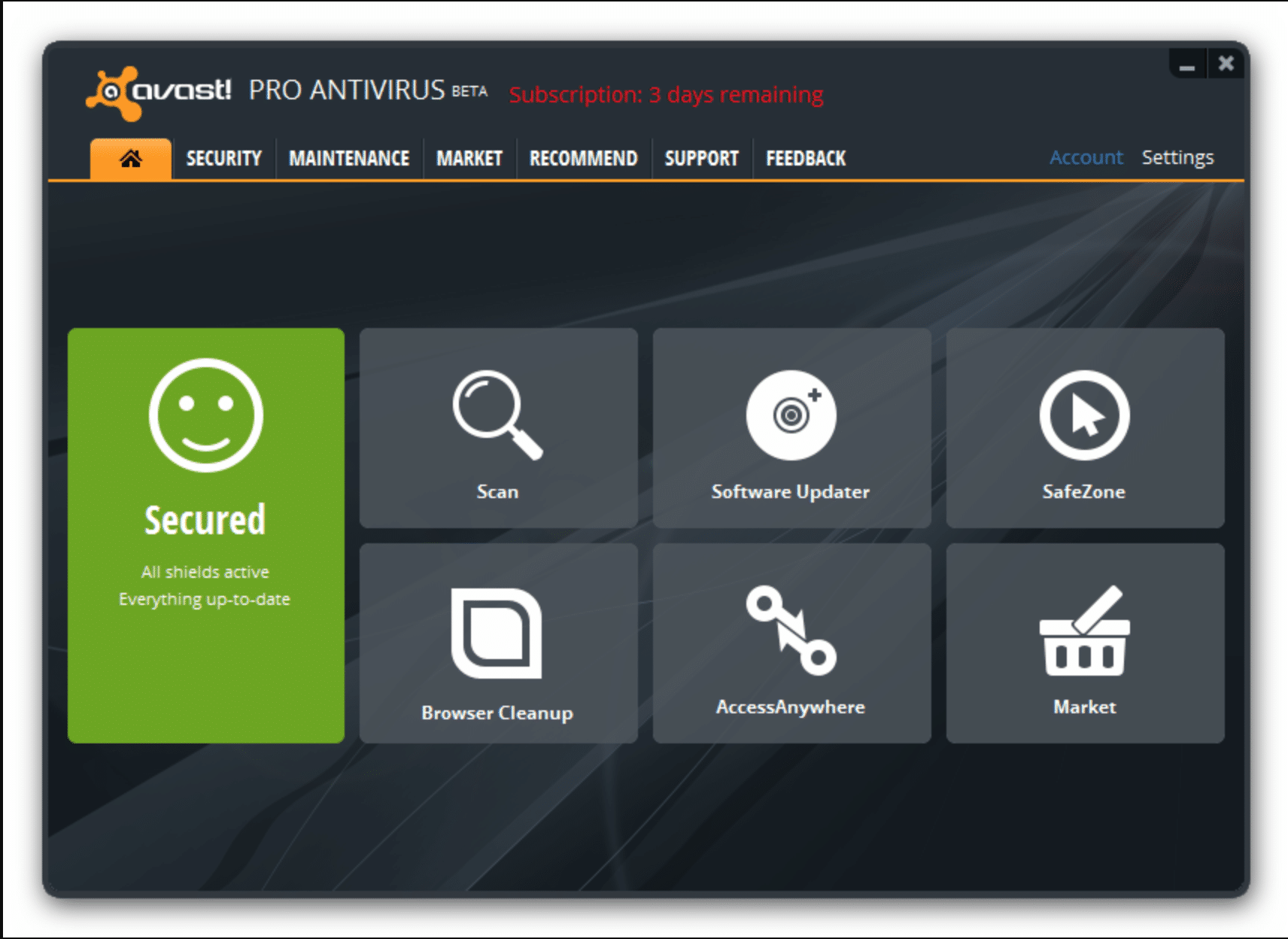 Avast user interface showing icons