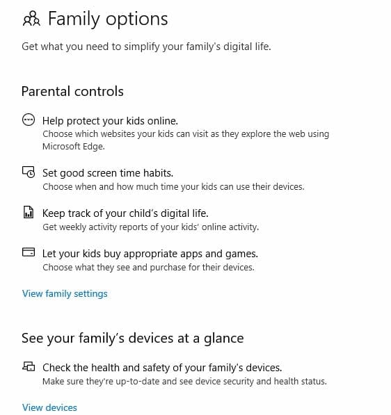 windows family options