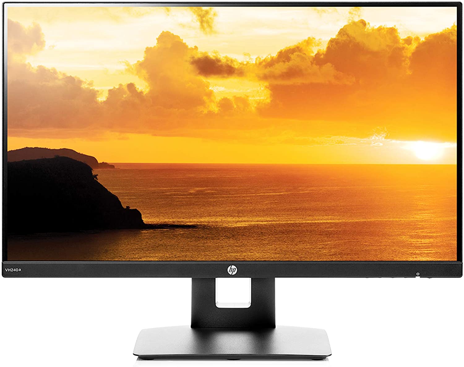 HP monitor with sea and a sunset as a background