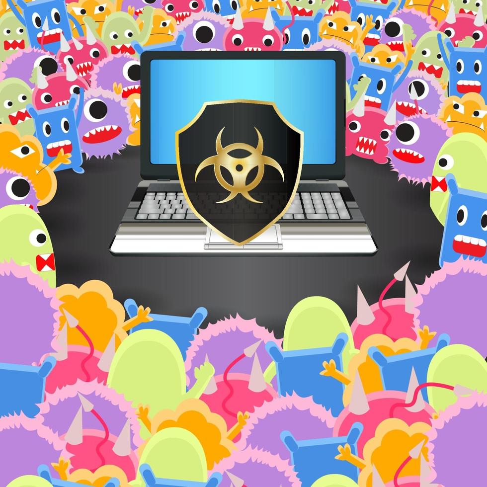 Cartooned viruses attacking an laptop