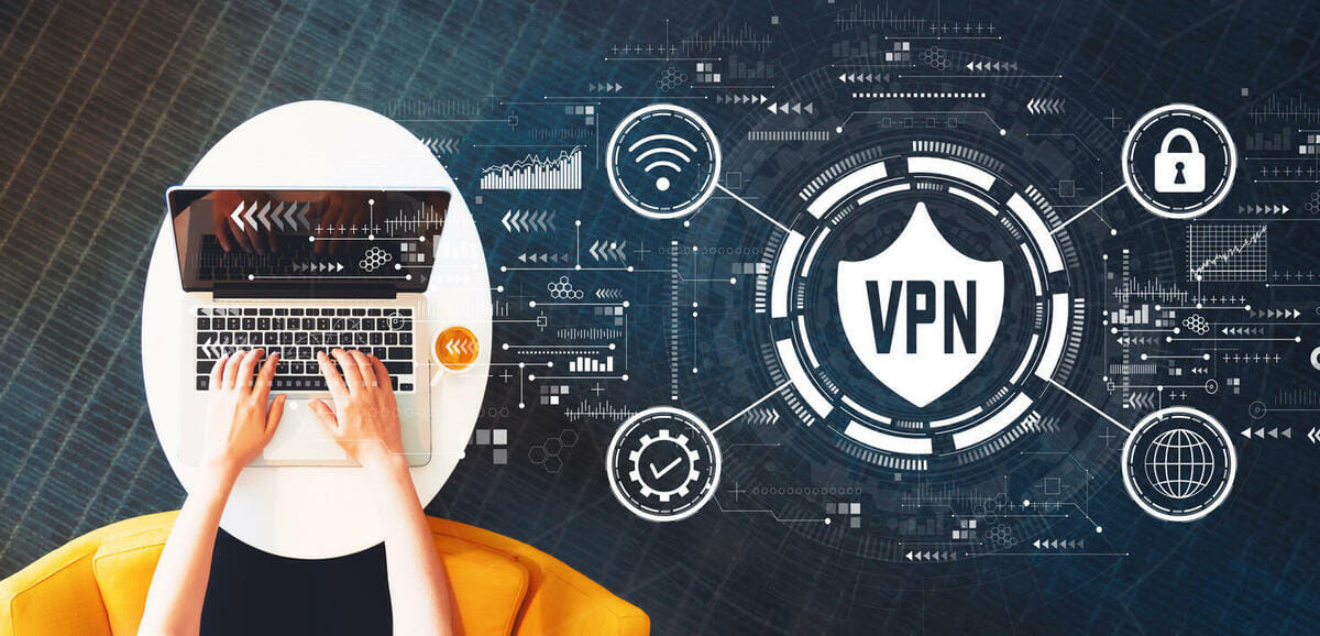 VPN logo next to a laptop