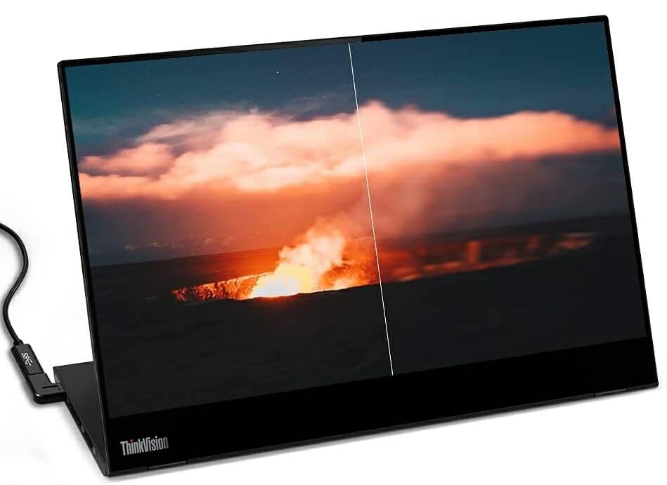 Lenovo thinkingvision with a fire as a background