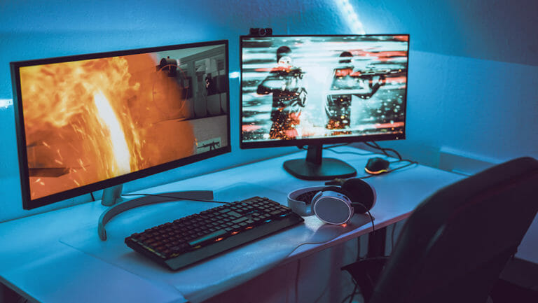 Two monitors with blue light background