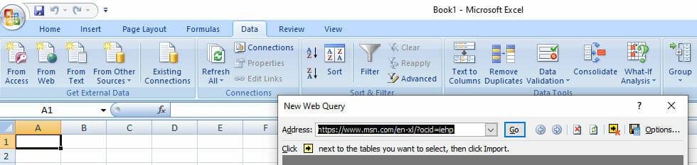 New web Query window