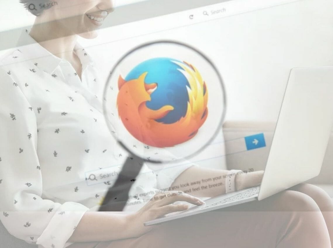 Firefox logo icon and a woman with a laptop