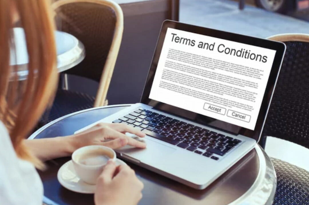 Terms and conditions on the laptop screen
