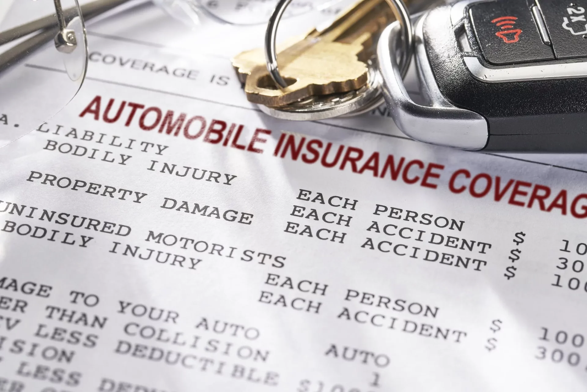 Insurance coverage document with car keys on it